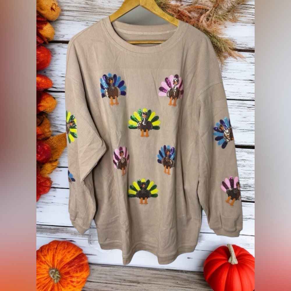 Festive Turkey Sequin Ribbed Sweatshirt